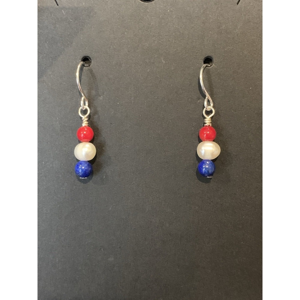 USA Desert Pearl Earrings Lapis Fresh Water Pearl Red Coral Sterling Silver .925